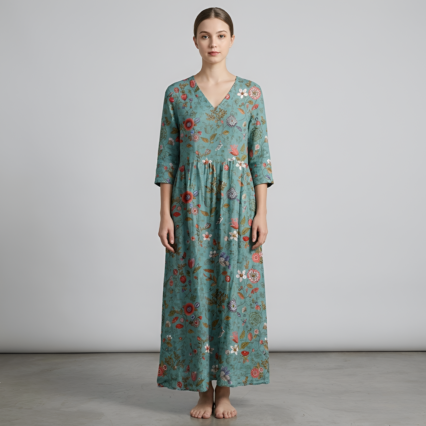 Vestito lungo donna floreale in cotone con scollo a V manica lunga stile casual boho