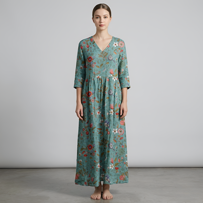 Vestito lungo donna floreale in cotone con scollo a V manica lunga stile casual boho