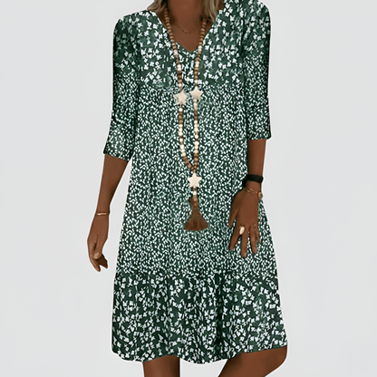 Women’s Floral Print Midi Dress with 3/4 Sleeves and V Neck