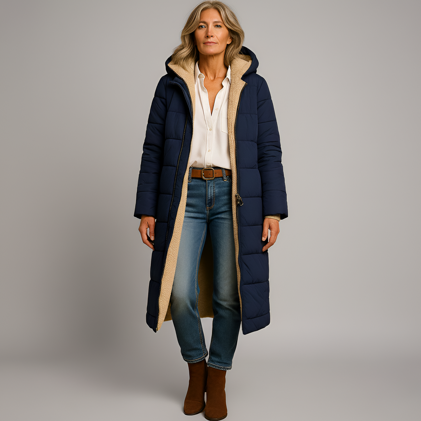 By Assuli Women’s Long Quilted Puffer Coat with Hooded Teddy Lining Winter Jacket