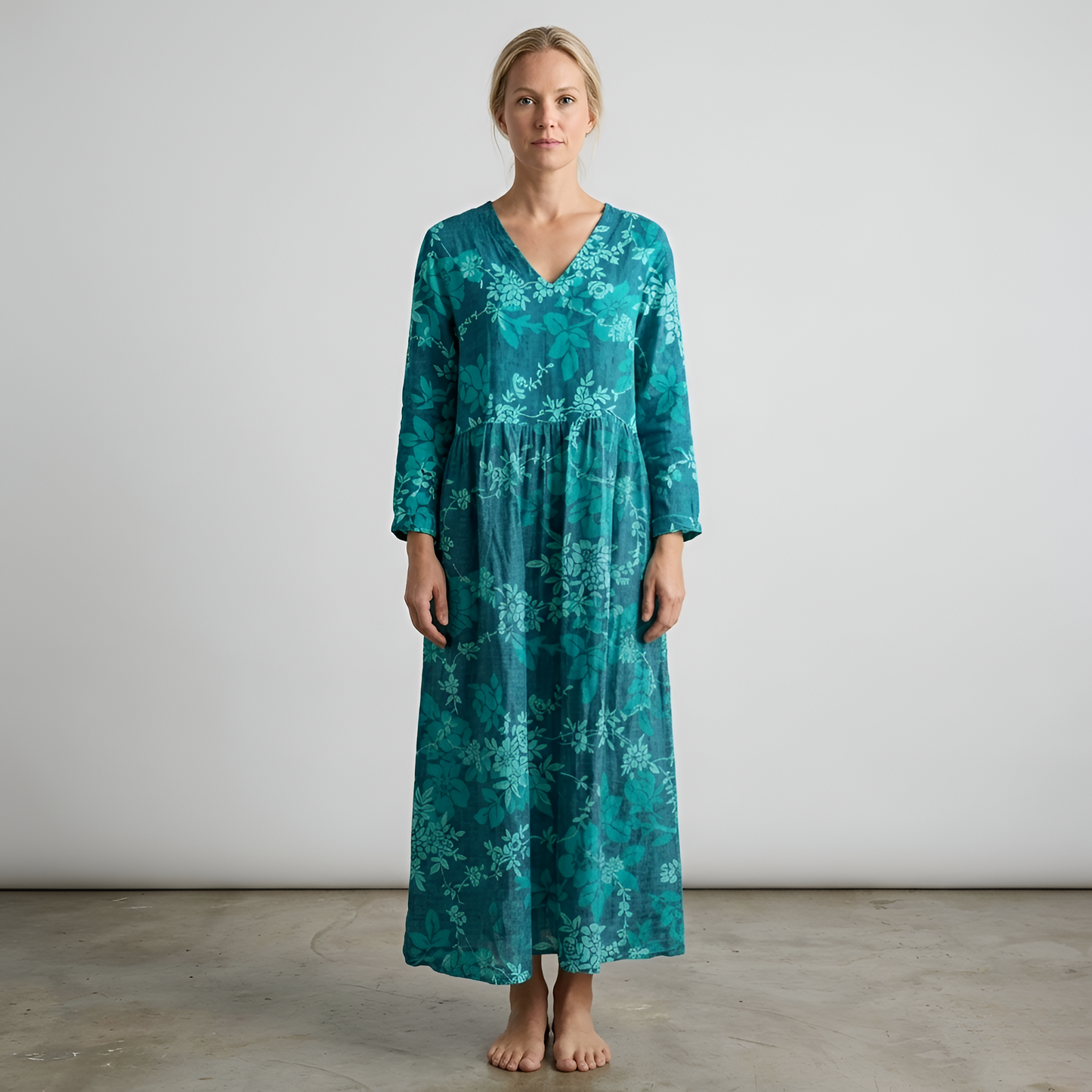 Vestito lungo donna floreale in cotone con scollo a V manica lunga stile casual boho