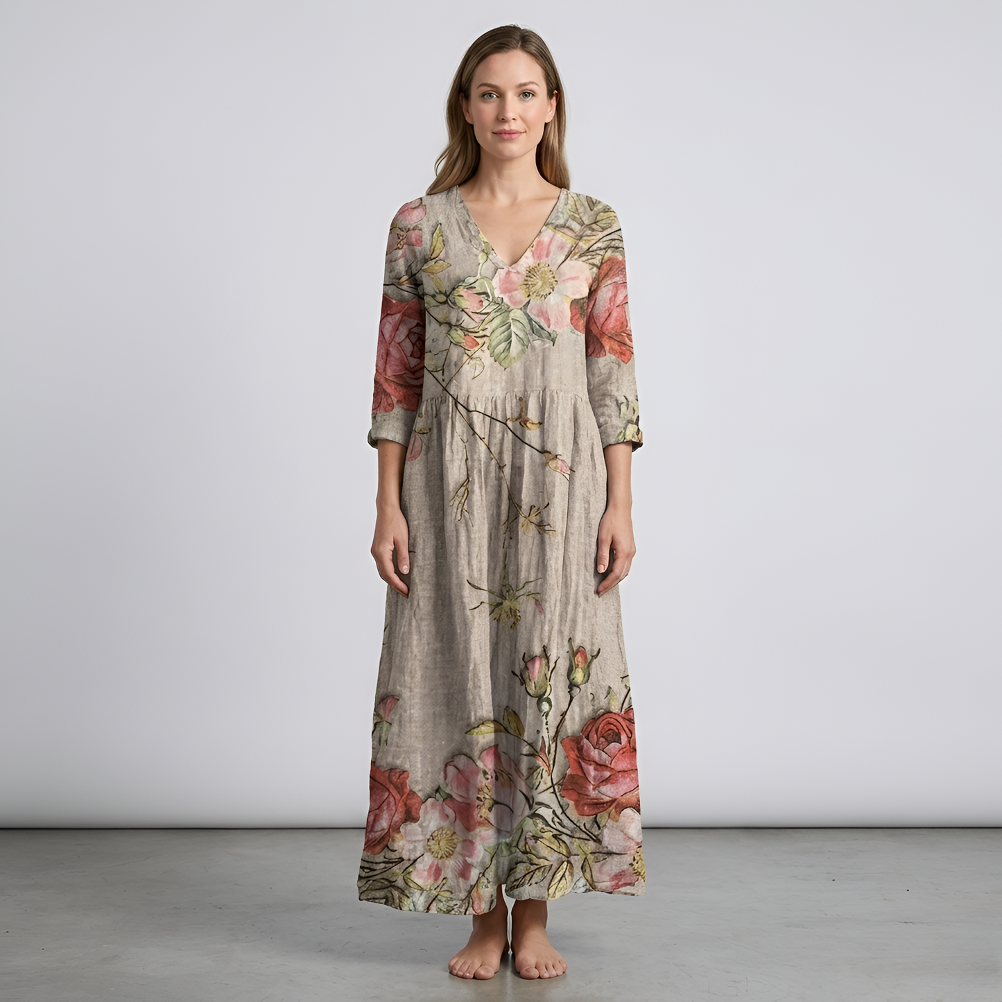 Vestito lungo donna floreale in cotone con scollo a V manica lunga stile casual boho
