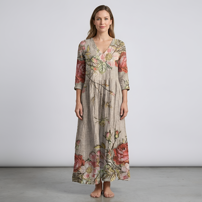 Vestito lungo donna floreale in cotone con scollo a V manica lunga stile casual boho