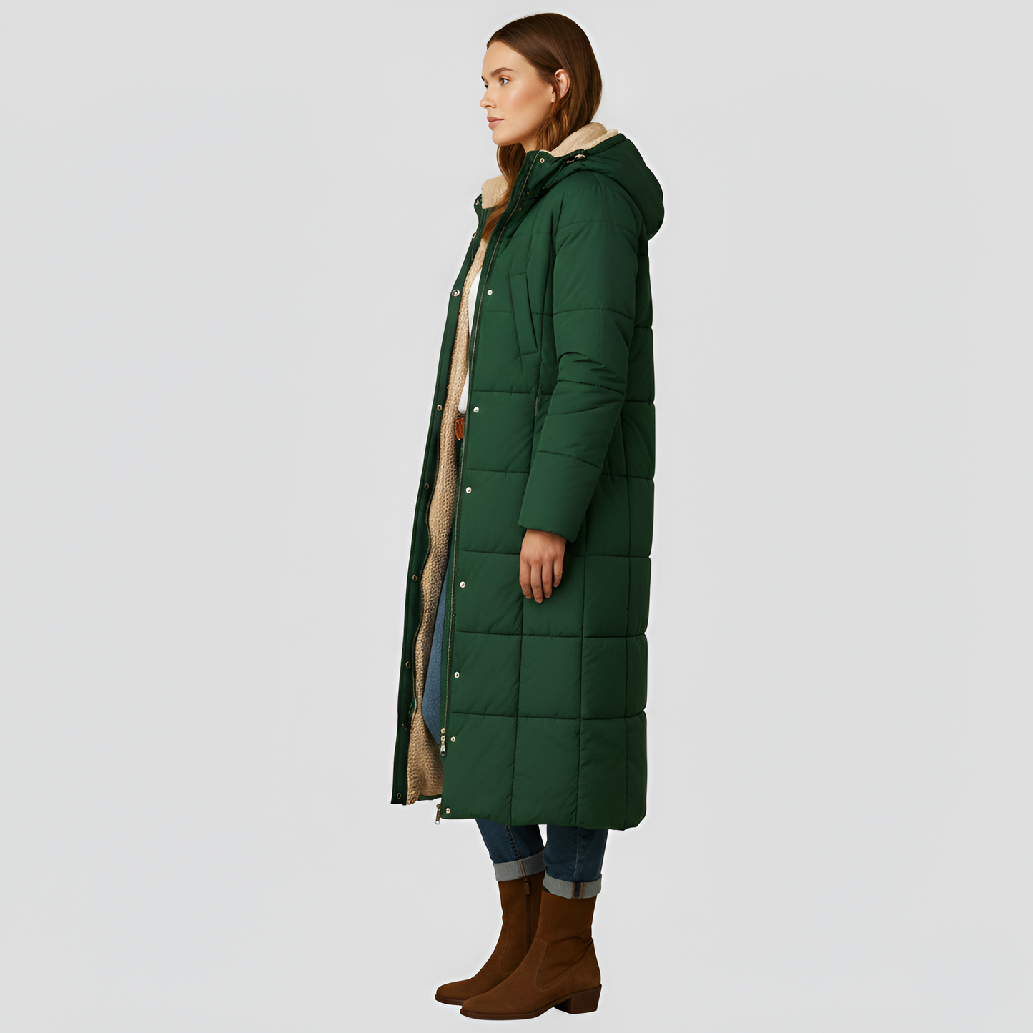 By Assuli Women’s Long Quilted Puffer Coat with Hooded Teddy Lining Winter Jacket