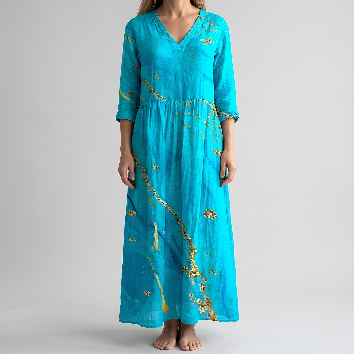 Vestito lungo donna floreale in cotone con scollo a V manica lunga stile casual boho