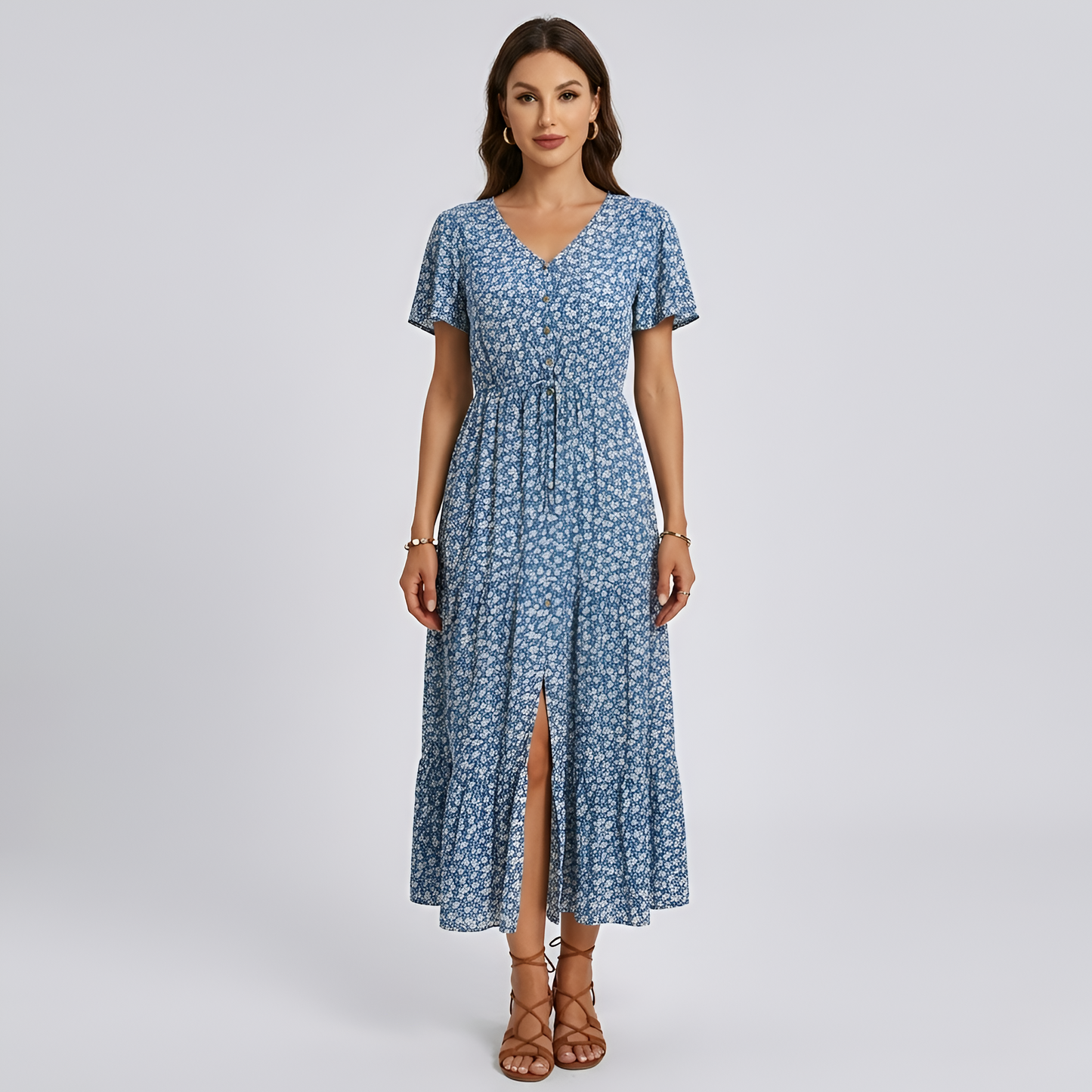 Vestito lungo donna floreale con scollo a V maniche corte e bottoni frontali