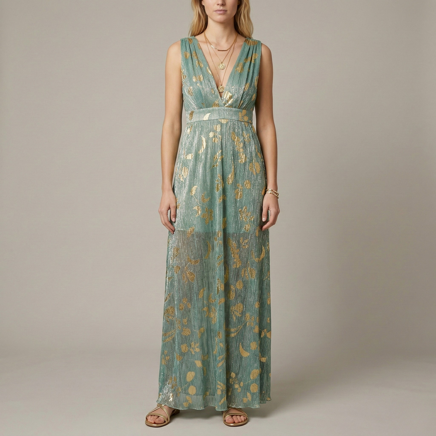 Abito Lungo Donna Scollo a V Senza Maniche Vestito Elegante da Cerimonia