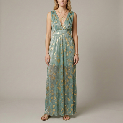 Abito Lungo Donna Scollo a V Senza Maniche Vestito Elegante da Cerimonia