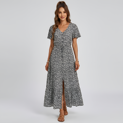 Vestito lungo donna floreale con scollo a V maniche corte e bottoni frontali