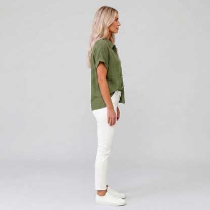 Camicia Donna Lino Manica Corta Camicetta Estiva con Bottoni