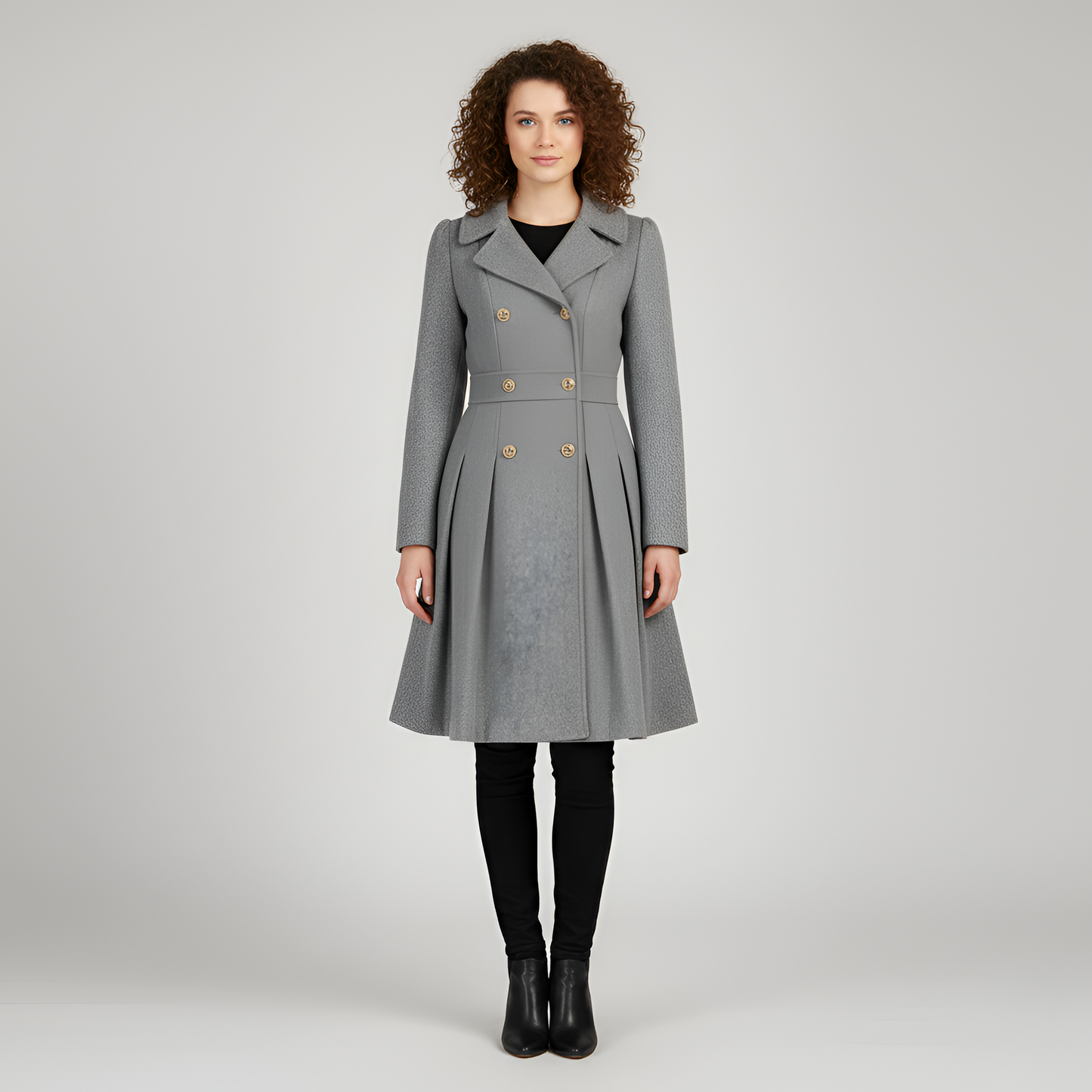 By Assuli Women’s Double Breasted Trench Coat with Pleated Skirt Fit