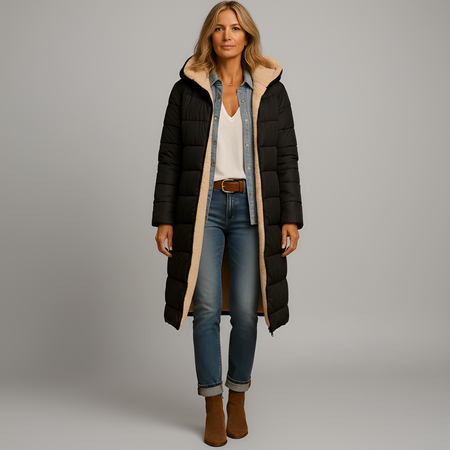 By Assuli Women’s Long Quilted Puffer Coat with Hooded Teddy Lining Winter Jacket