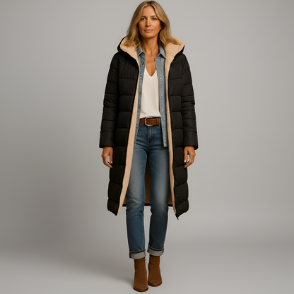 By Assuli Women’s Long Quilted Puffer Coat with Hooded Teddy Lining Winter Jacket