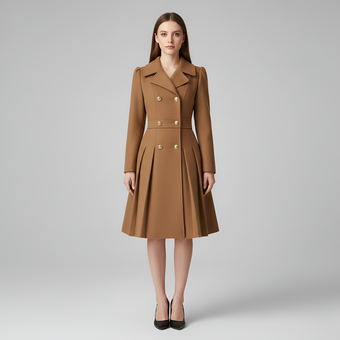 By Assuli Women’s Double Breasted Trench Coat with Pleated Skirt Fit