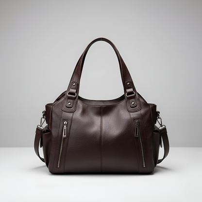 Women’s Genuine Leather Handbag Tote with Zipper Pockets and Shoulder Strap
