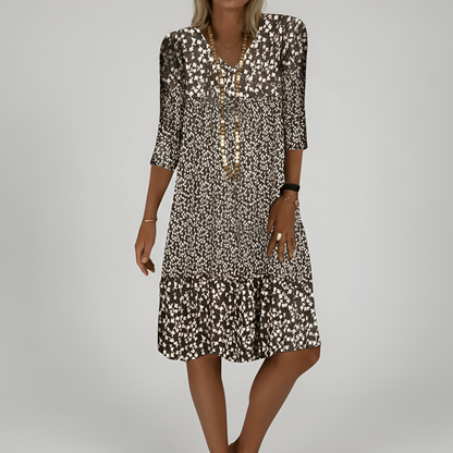 Women’s Floral Print Midi Dress with 3/4 Sleeves and V Neck