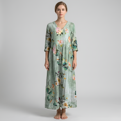 Vestito lungo donna floreale in cotone con scollo a V manica lunga stile casual boho