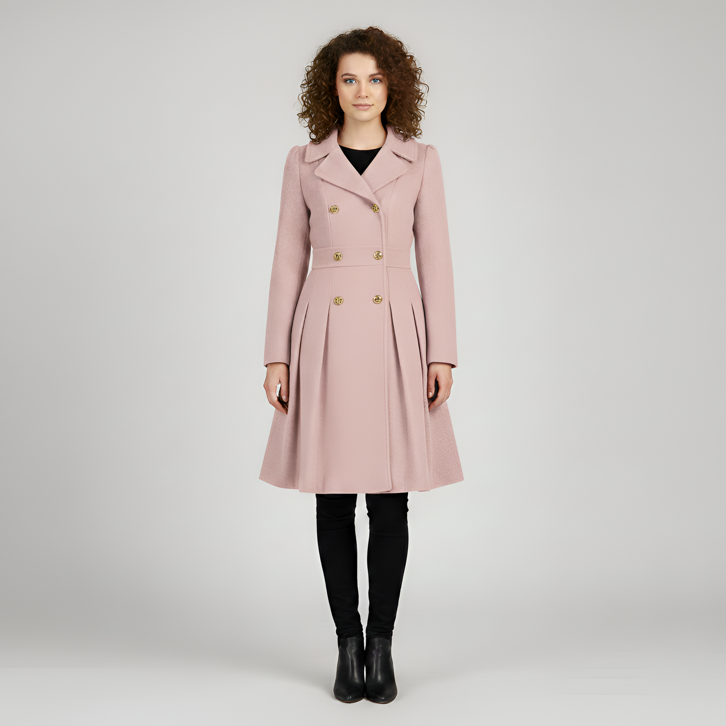 By Assuli Women’s Double Breasted Trench Coat with Pleated Skirt Fit