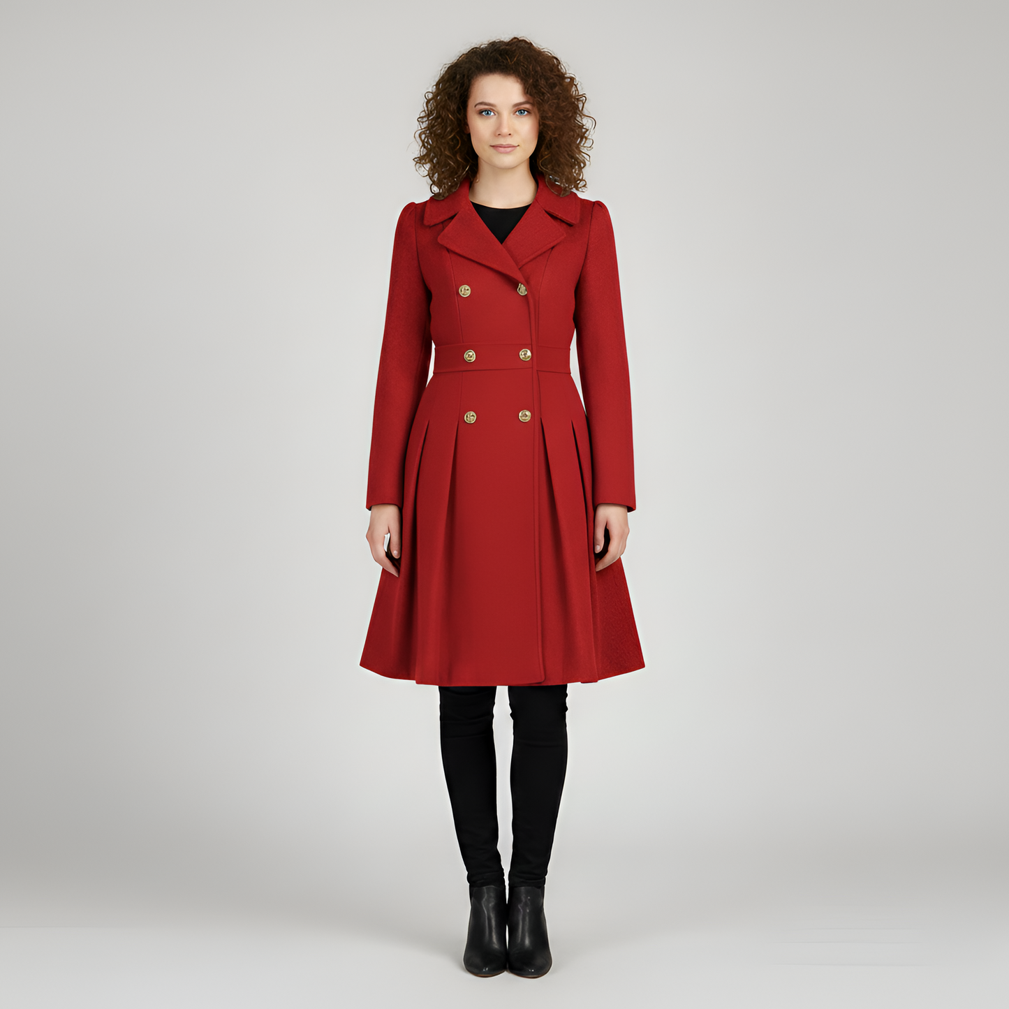 By Assuli Women’s Double Breasted Trench Coat with Pleated Skirt Fit