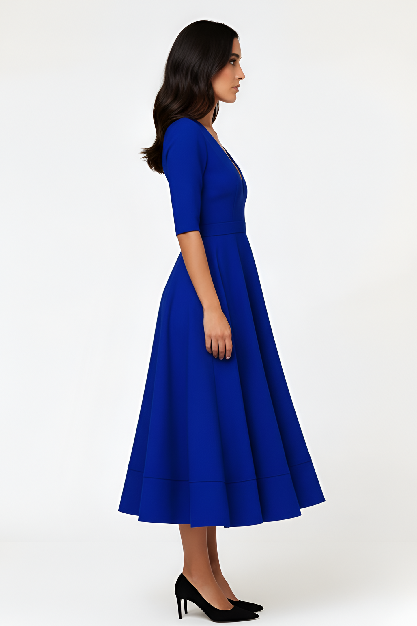 Abito midi donna con scollo a V, maniche tre quarti e gonna svasata