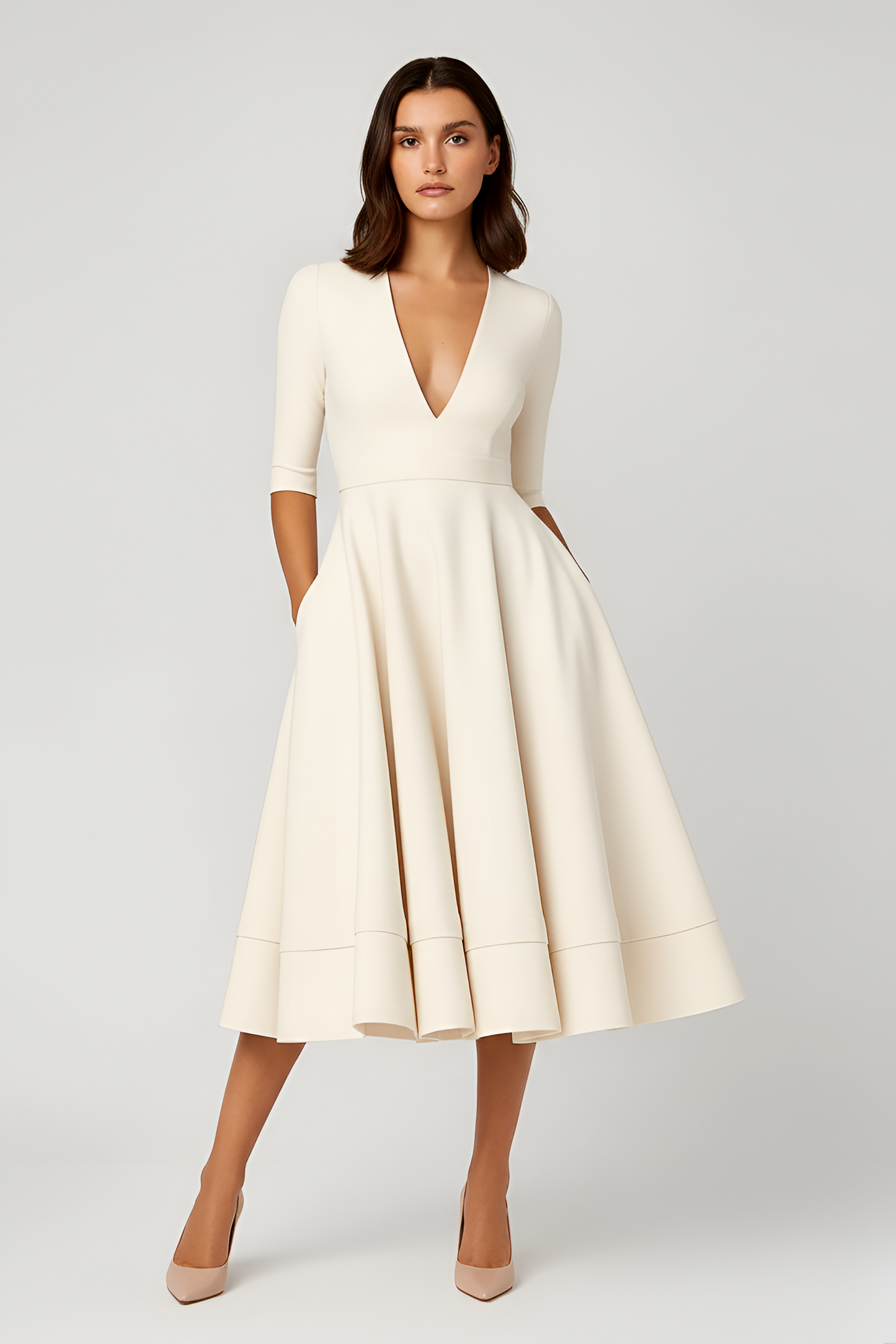 Abito midi donna con scollo a V, maniche tre quarti e gonna svasata