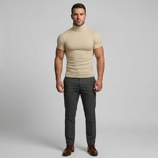 Herre T-shirt med rullekrave kortærmet slim fit T-shirt elastisk basis top