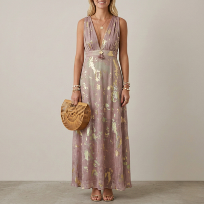 Abito Lungo Donna Scollo a V Senza Maniche Vestito Elegante da Cerimonia