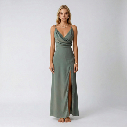 Abito lungo elegante donna con spacco e scollo a V da sera elegante