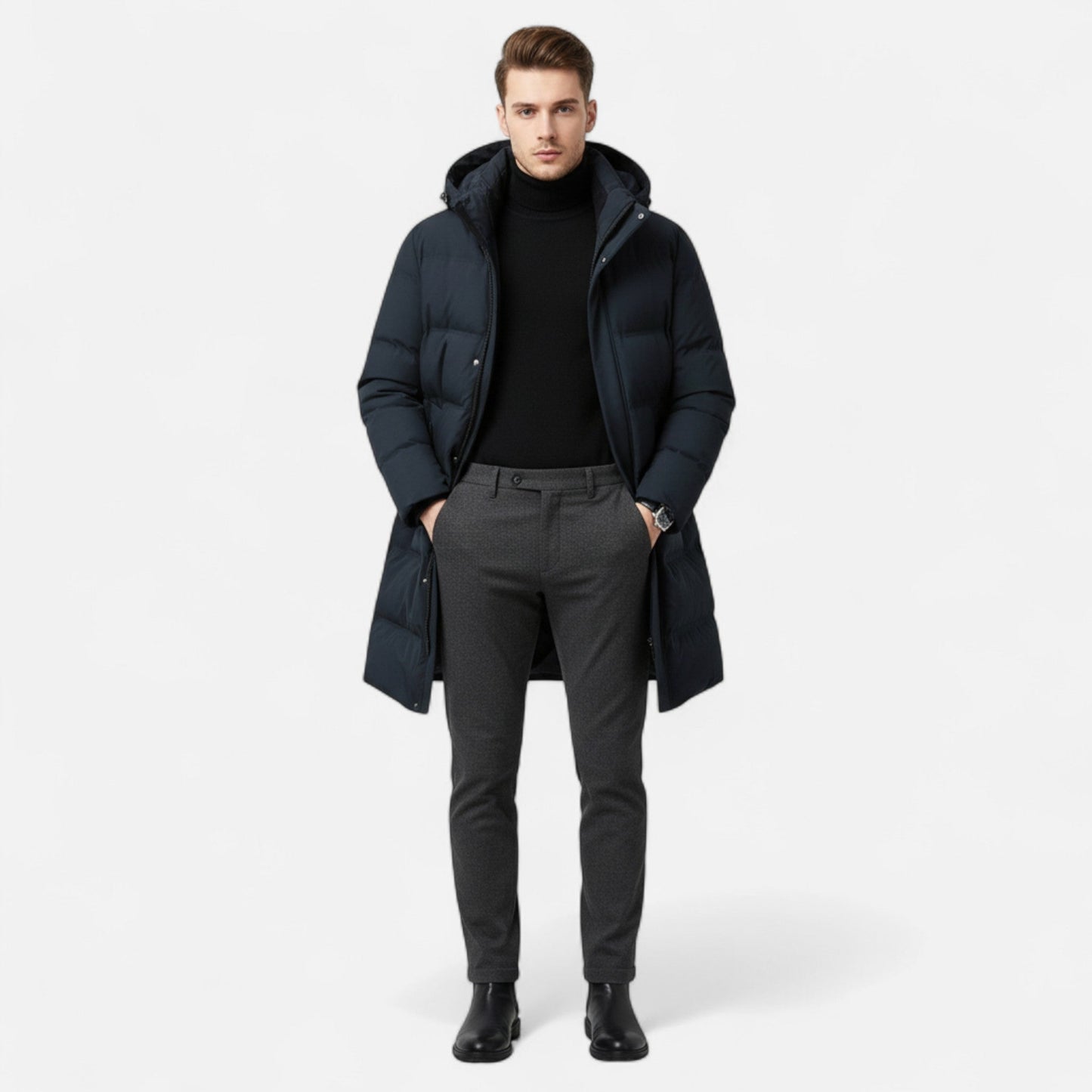 Homme portant un manteau d'hiver noir, pull col roulé noir, pantalon gris et bottes noires. Mode masculine élégante et moderne.