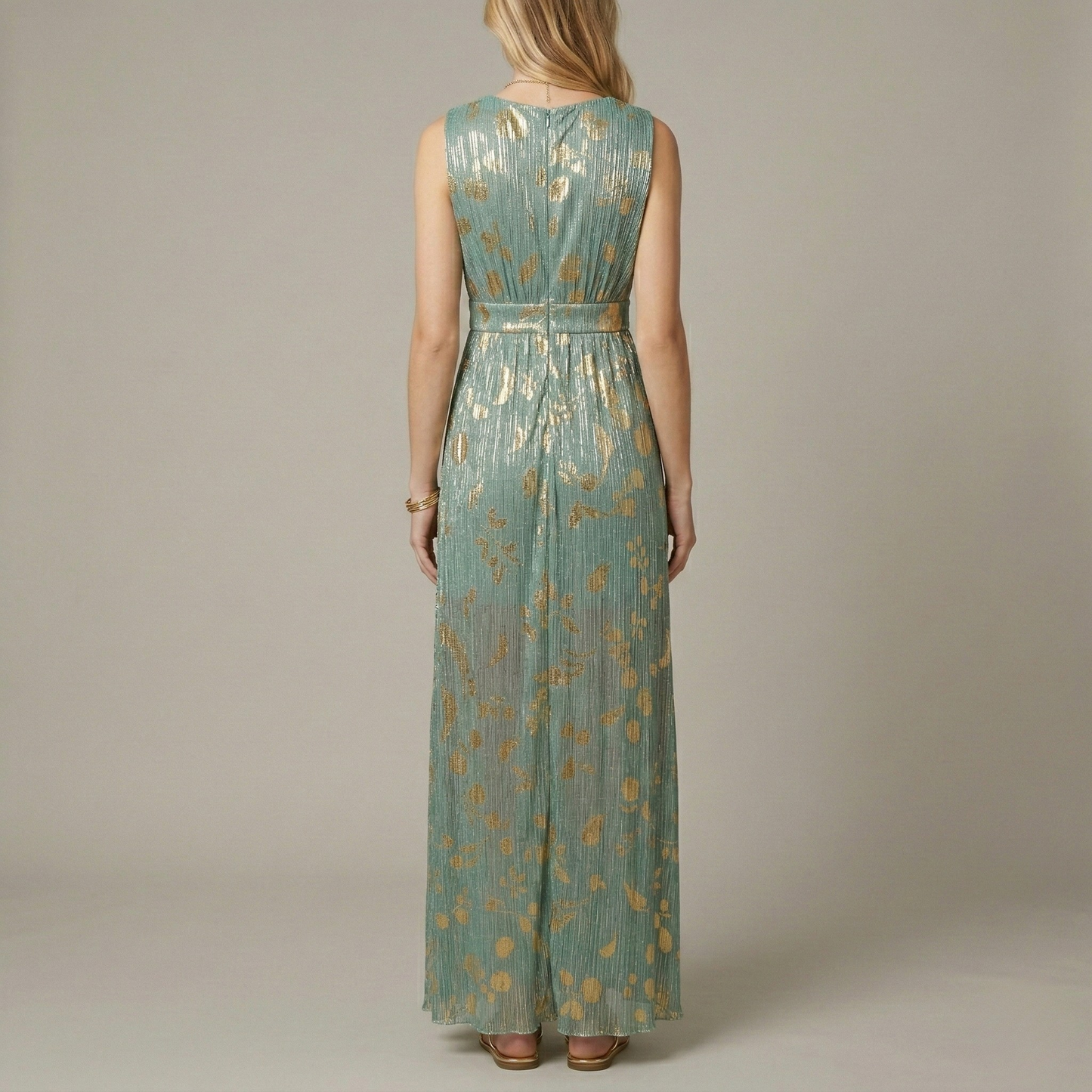 Abito Lungo Donna Scollo a V Senza Maniche Vestito Elegante da Cerimonia
