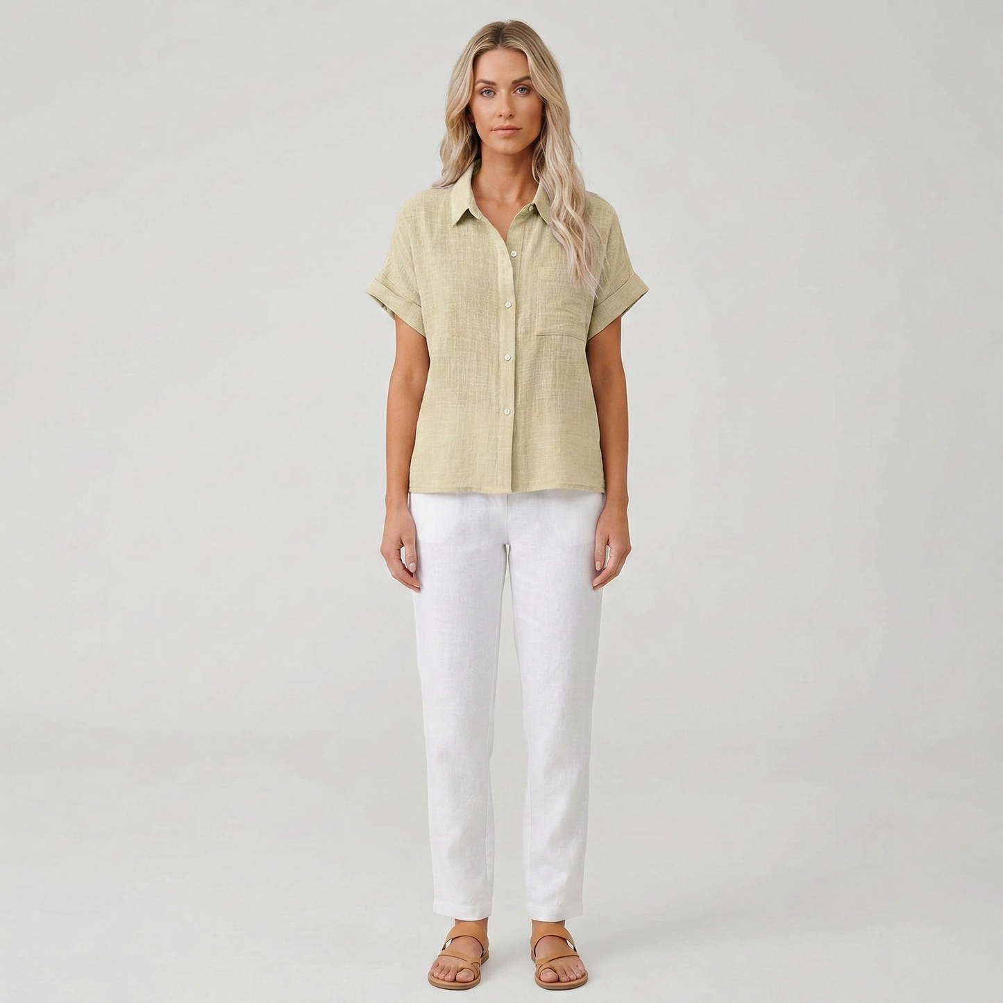Camicia Donna Lino Manica Corta Camicetta Estiva con Bottoni