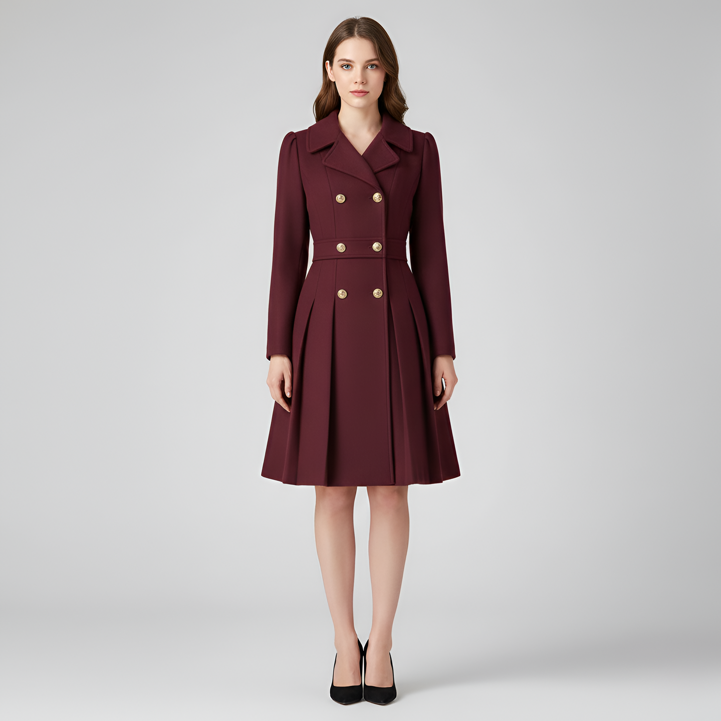 By Assuli Women’s Double Breasted Trench Coat with Pleated Skirt Fit