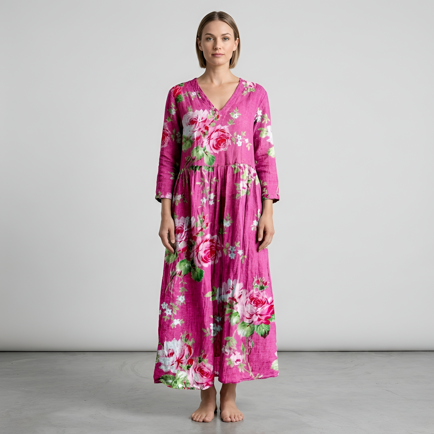 Vestito lungo donna floreale in cotone con scollo a V manica lunga stile casual boho