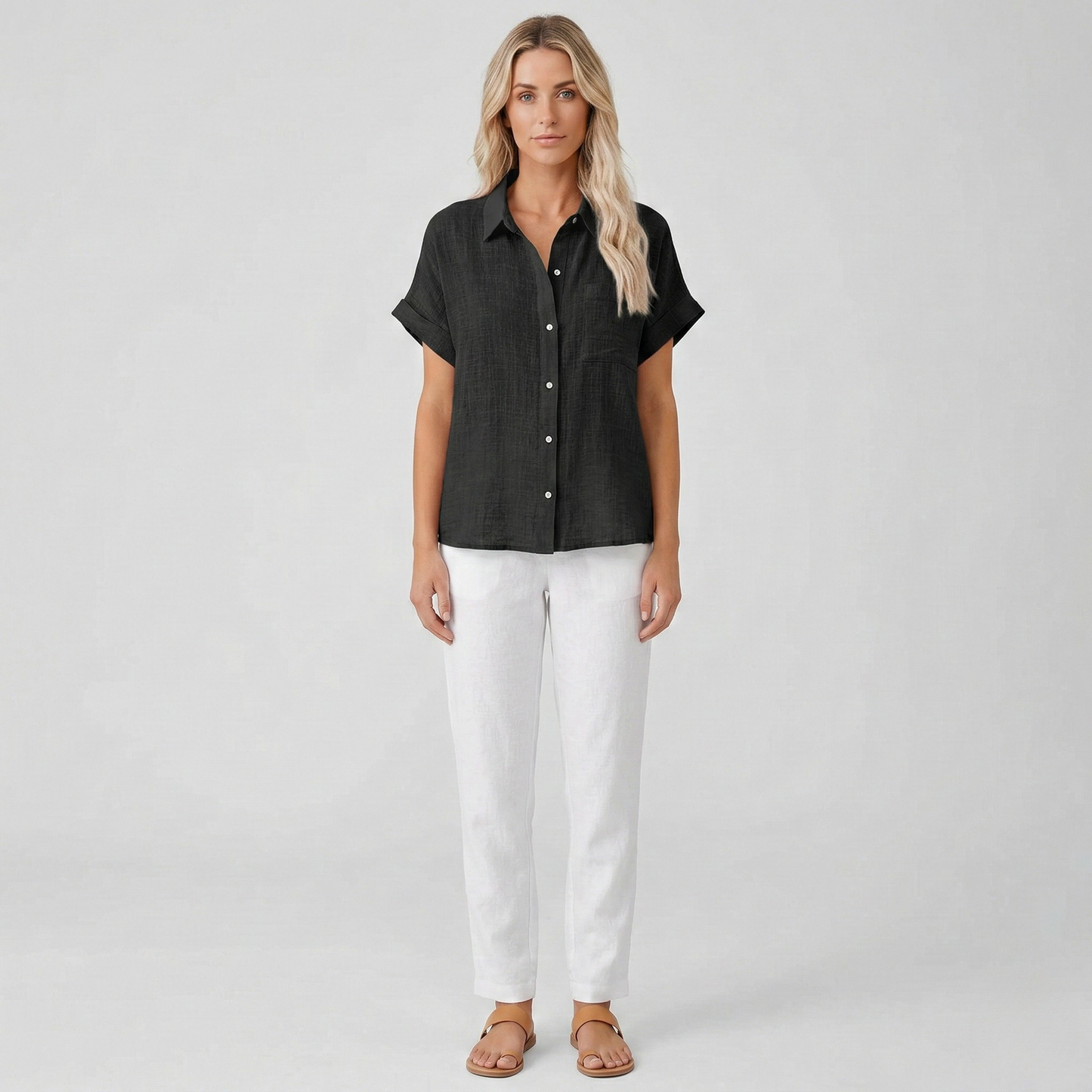Camicia Donna Lino Manica Corta Camicetta Estiva con Bottoni