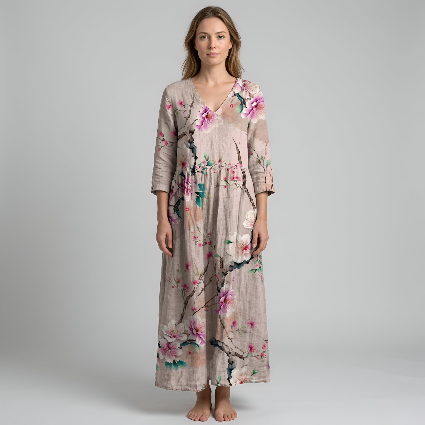 Vestito lungo donna floreale in cotone con scollo a V manica lunga stile casual boho