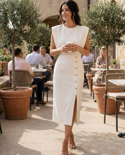 Tea - Elegantna midi haljina s detaljima gumba i bočnim prorezom