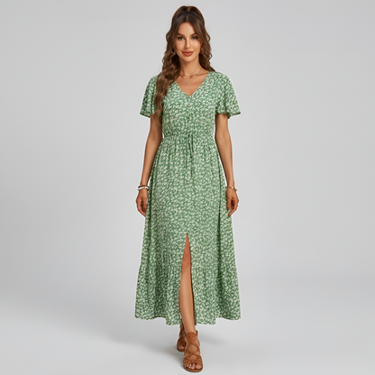 Vestito lungo donna floreale con scollo a V maniche corte e bottoni frontali