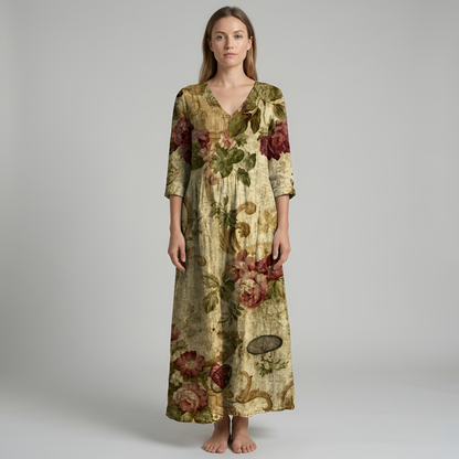 Vestito lungo donna floreale in cotone con scollo a V manica lunga stile casual boho