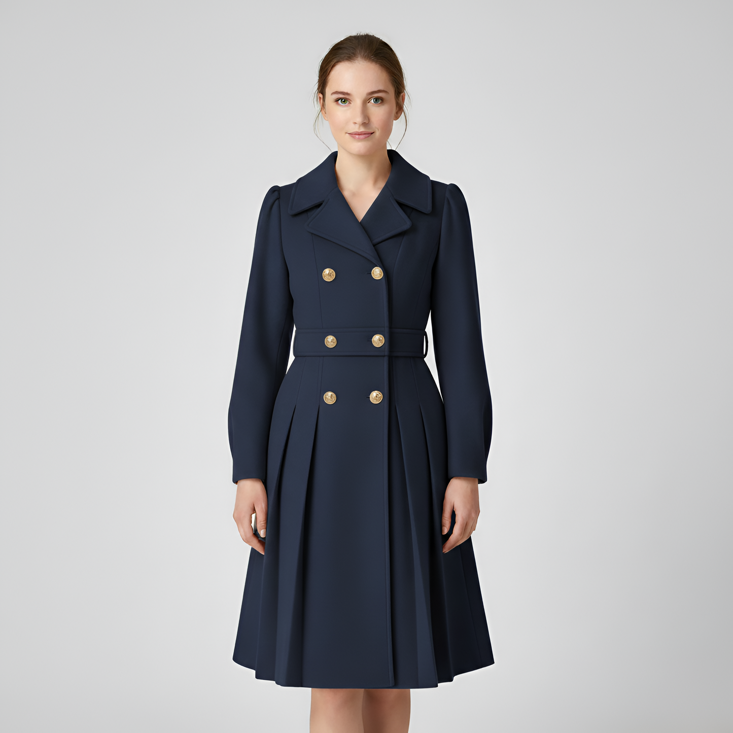 By Assuli Women’s Double Breasted Trench Coat with Pleated Skirt Fit