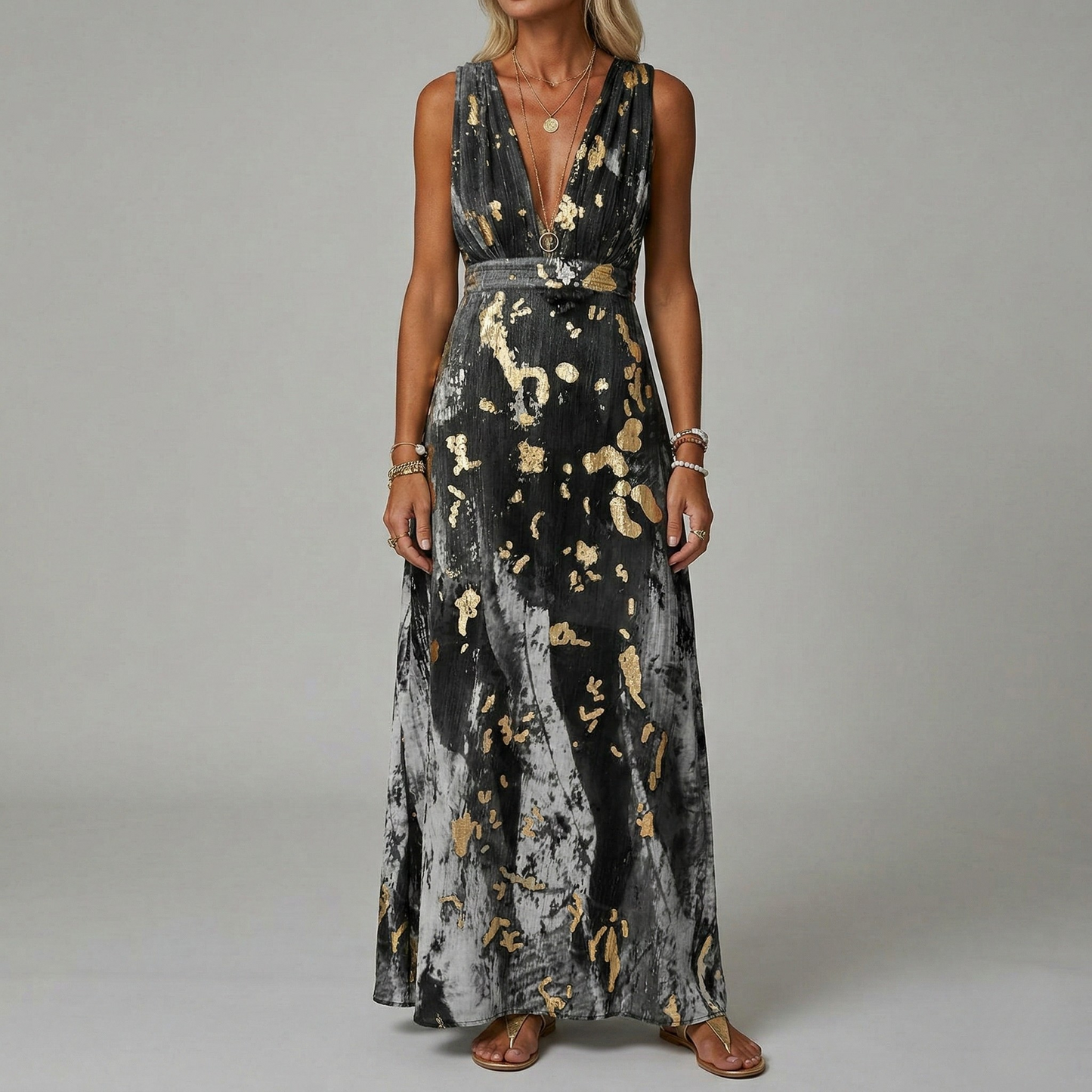 Abito Lungo Donna Scollo a V Senza Maniche Vestito Elegante da Cerimonia