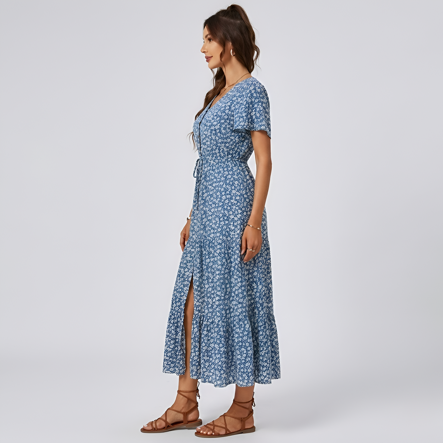 Vestito lungo donna floreale con scollo a V maniche corte e bottoni frontali