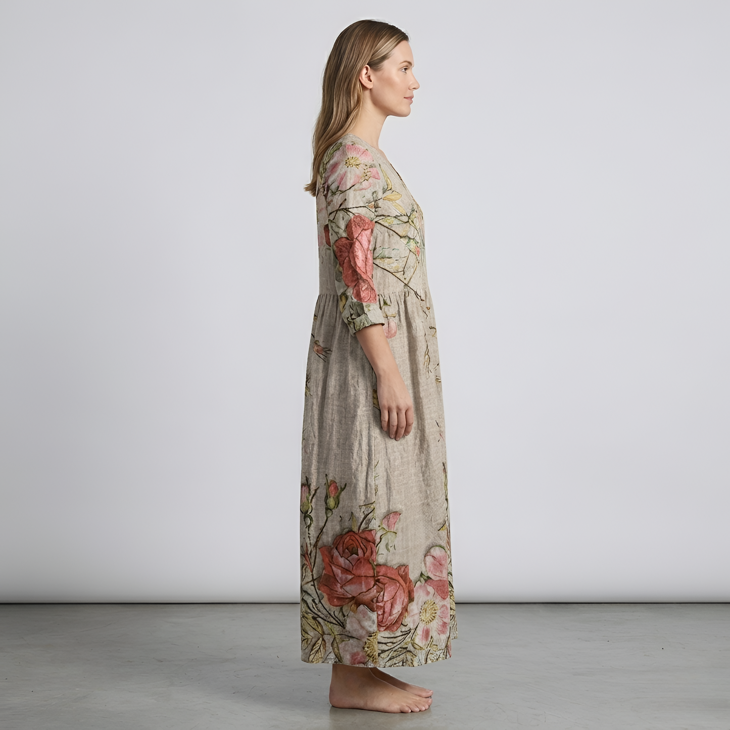 Vestito lungo donna floreale in cotone con scollo a V manica lunga stile casual boho