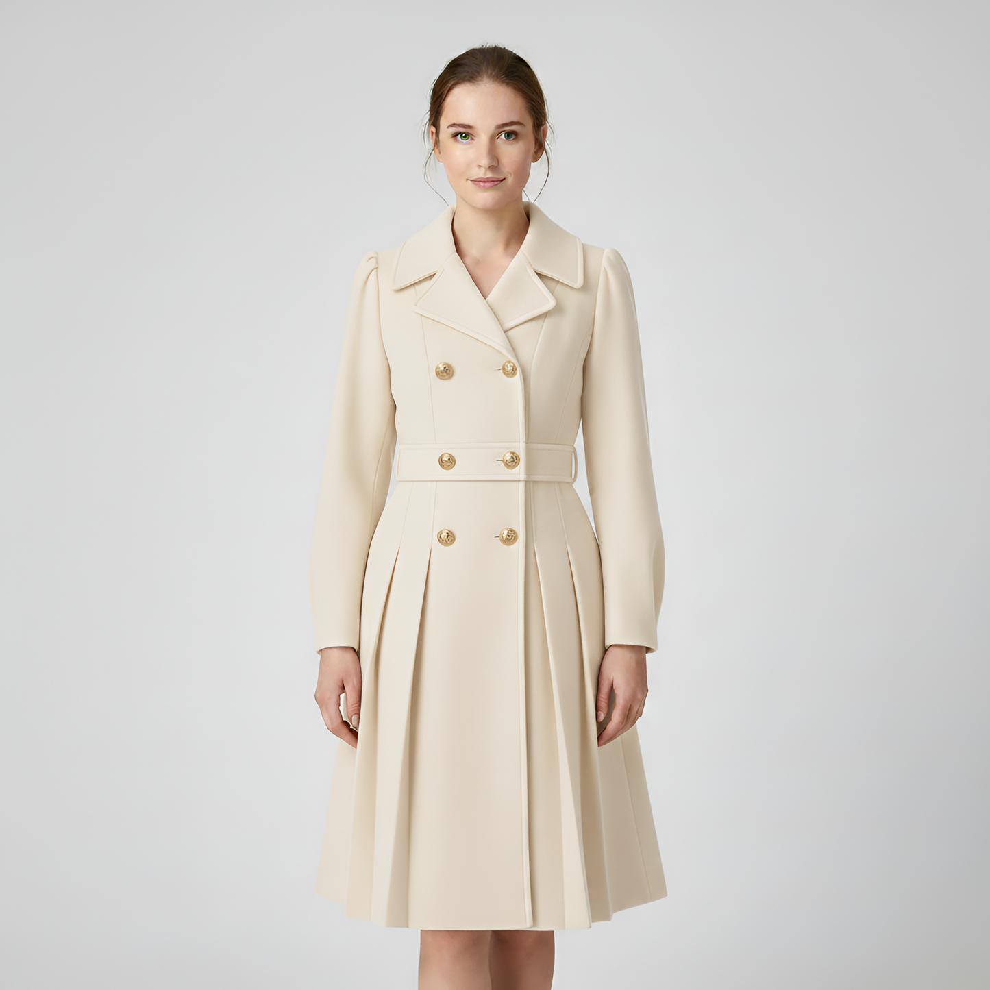 By Assuli Women’s Double Breasted Trench Coat with Pleated Skirt Fit