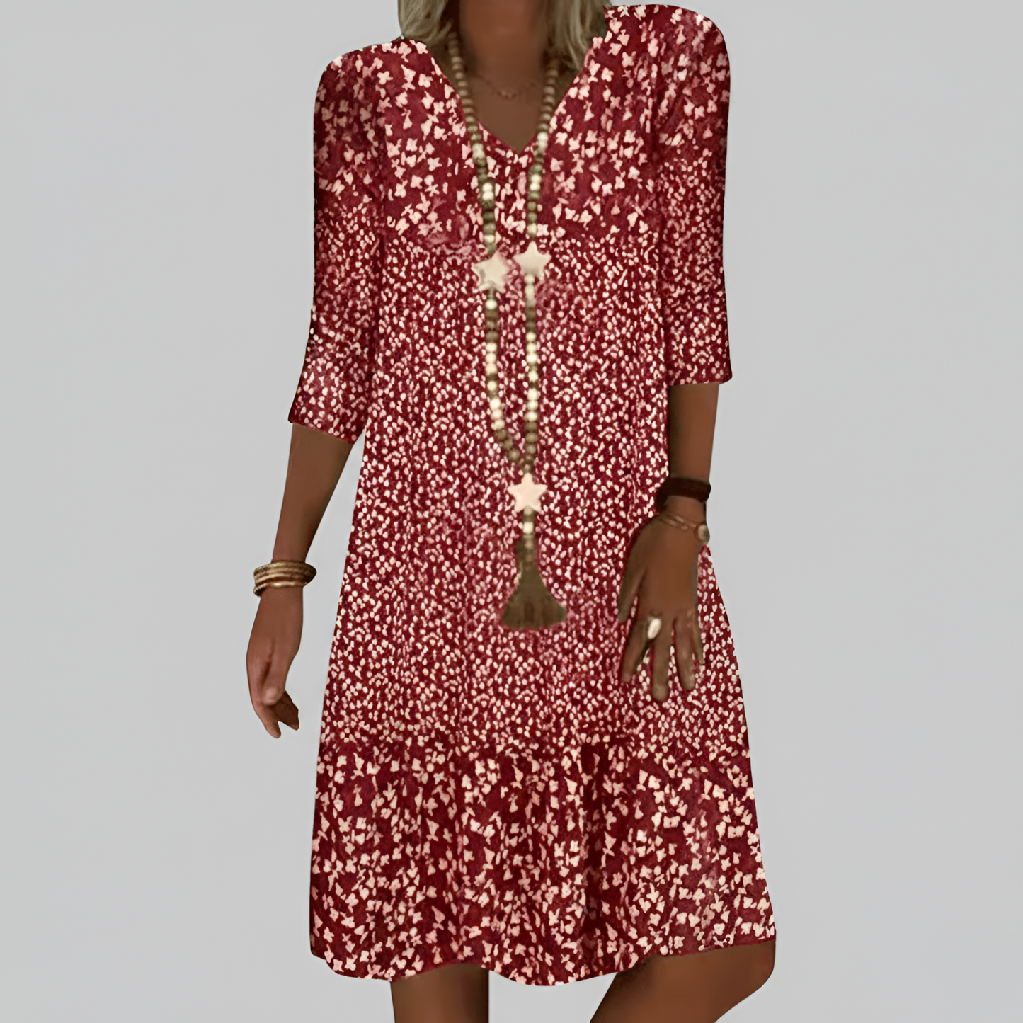 Women’s Floral Print Midi Dress with 3/4 Sleeves and V Neck