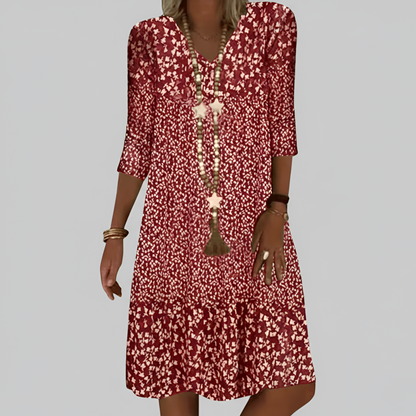 Women’s Floral Print Midi Dress with 3/4 Sleeves and V Neck