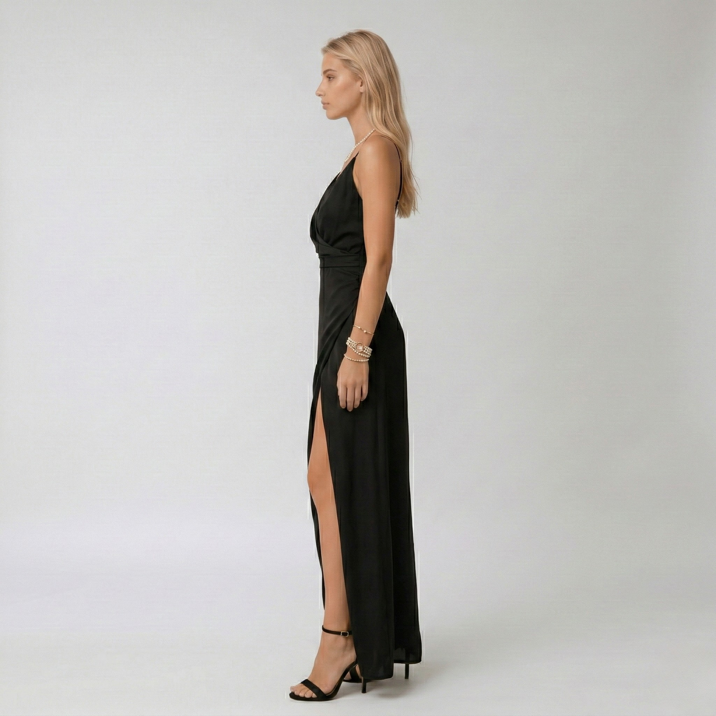 Abito lungo elegante donna con spacco e scollo a V da sera elegante