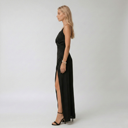 Abito lungo elegante donna con spacco e scollo a V da sera elegante