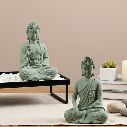 Satori | Zen-Boeddha Beeldje van Groen Zandsteen – Spirituele Decoratie voor Tafel & Aquarium