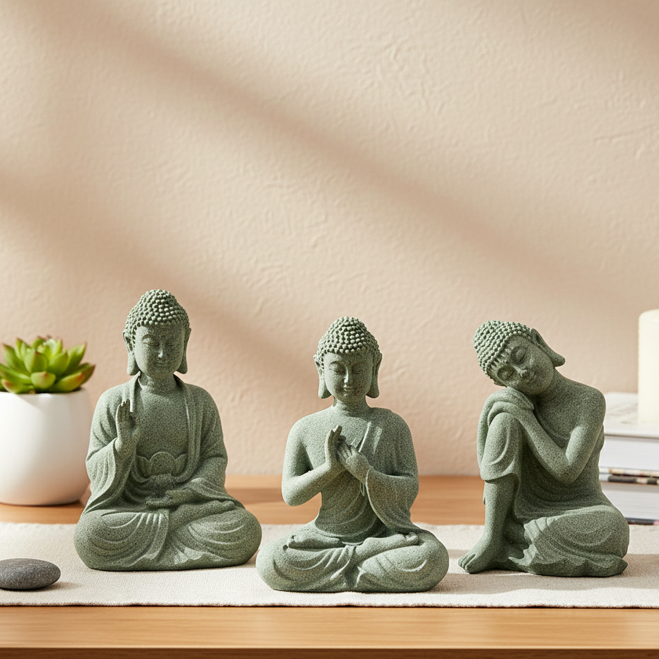 Satori | Zen-Boeddha Beeldje van Groen Zandsteen – Spirituele Decoratie voor Tafel & Aquarium