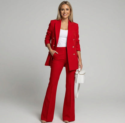 Katarzyna - Garnitur Damski Elegancki Dwurzędowy z Długą Marynarką i Rozszerzanymi Spodniami - Katarzyna